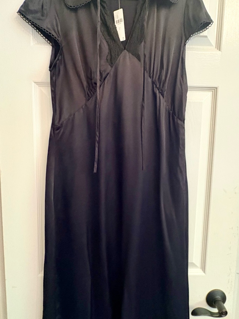 Anthropologie Black Satin Maxi with Lace-Trim V-Neck